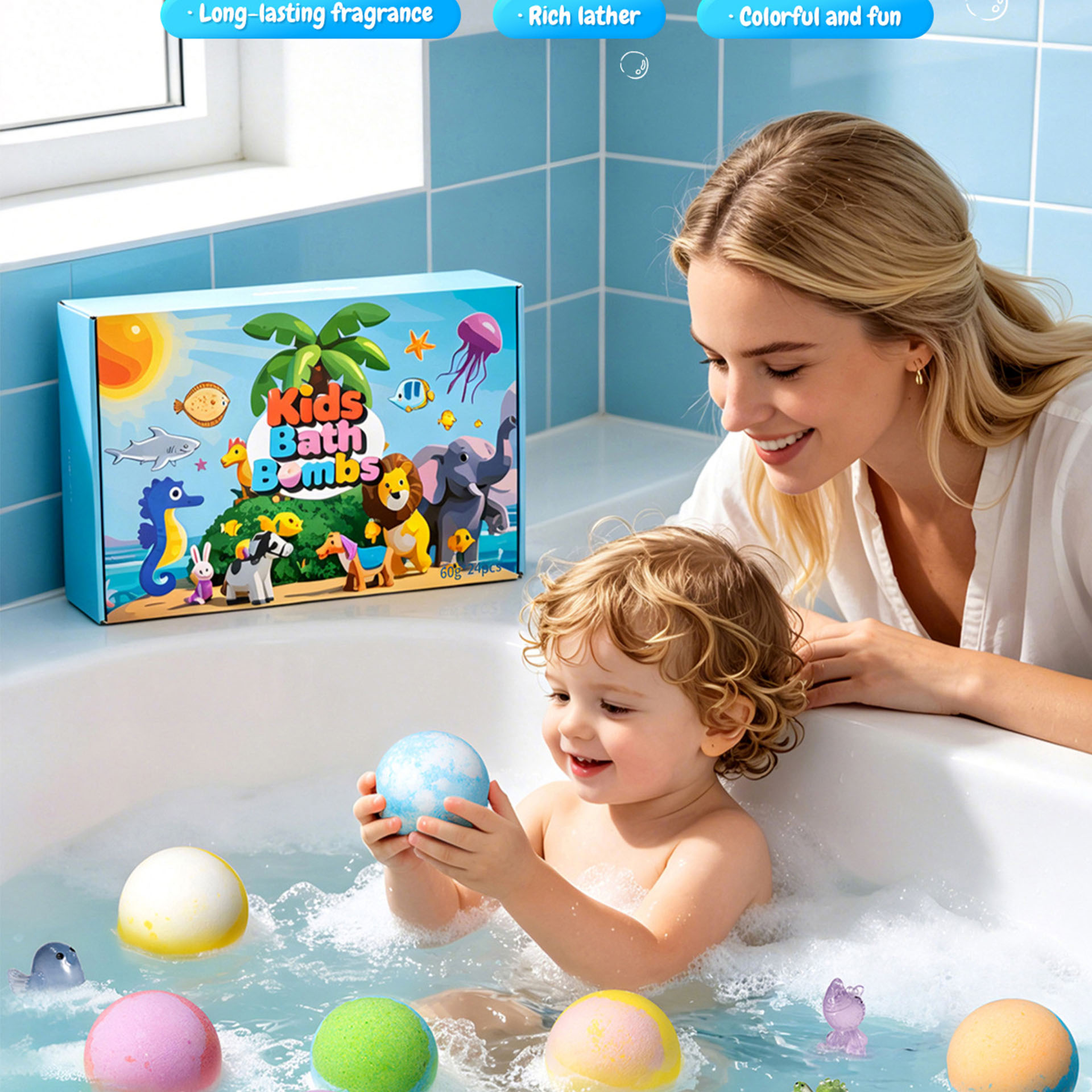 Skincare Animate - Leuchtendes Tier-Badesalz-Kugel-Set, 12 Stück, Kinder-Badekugel-Geschenkbox, Tiefenreinigung,