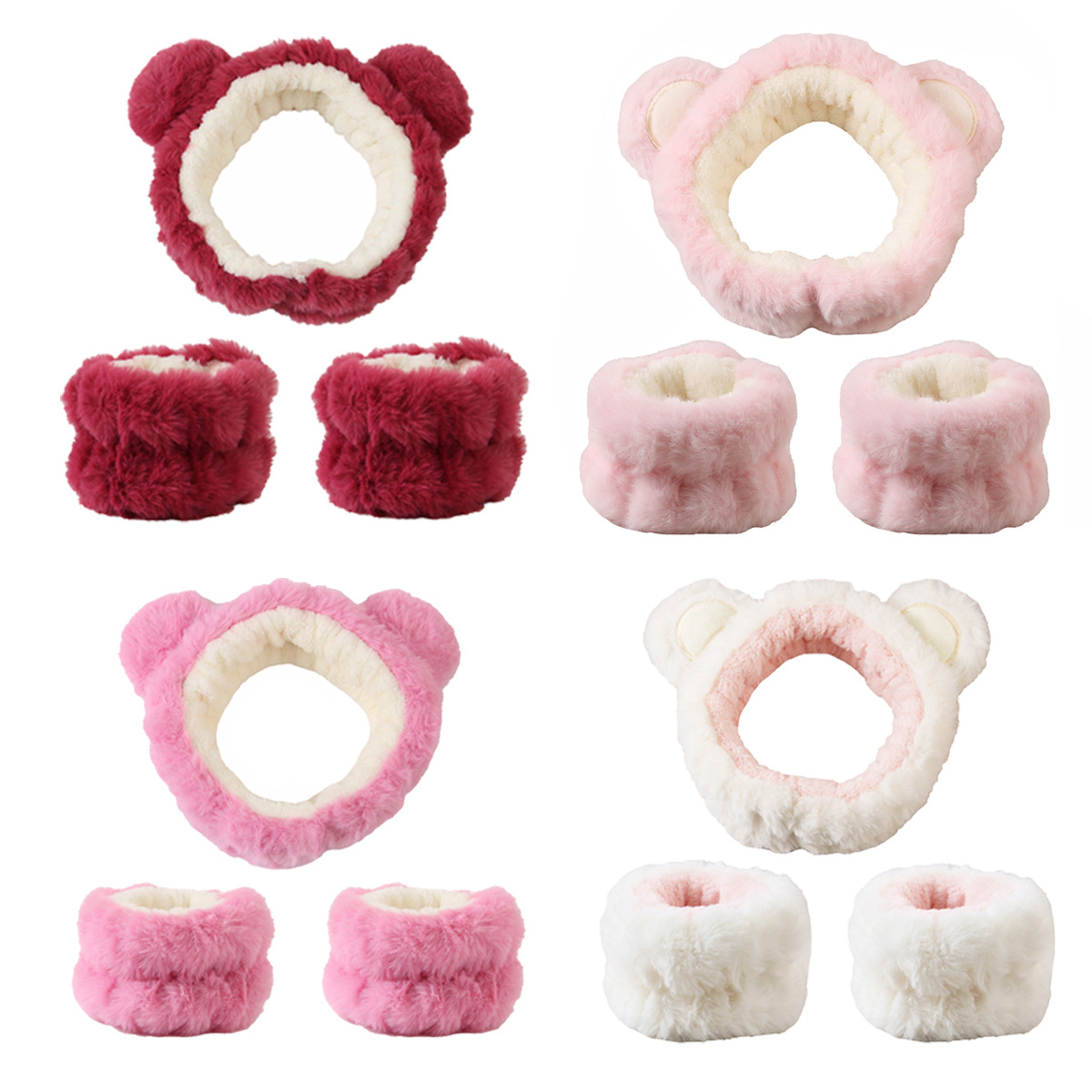 Skincare Animate - 3-teiliges süßes Bären-Stirnband-Set, flauschiges Make-up-Stirnband für